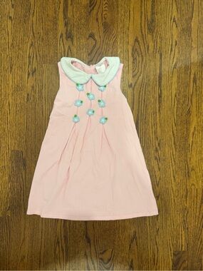 Girls Pink Sleeveless Dress with White Peter Pan Collar and Flower Appliques